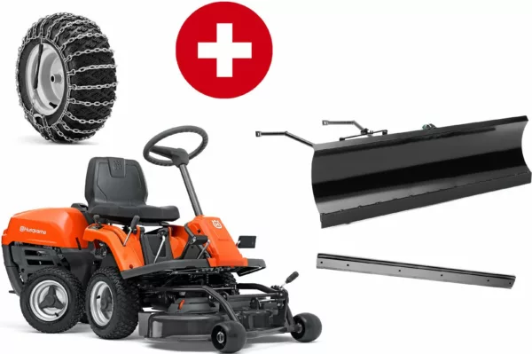 Husqvarna Frontmäher R 112C mit Mähdeck Combi 85 - Winterpaket mit Schneeschild, Gummileiste und Schneeketten - Modell 2025